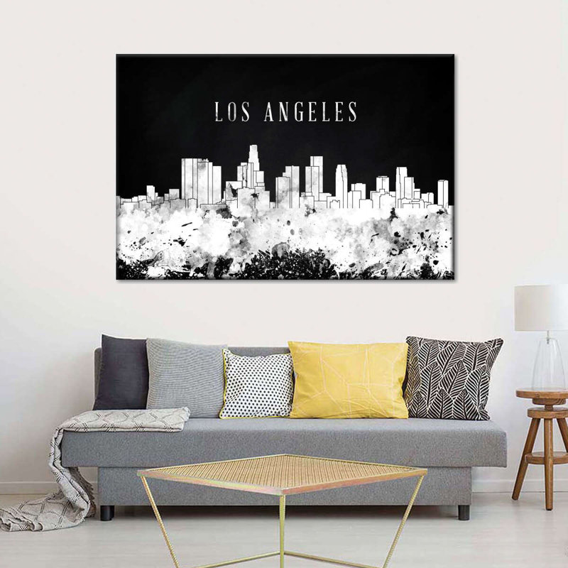 LA Skyline BW sur impression sur toile, H 34 po x l 51 po x P 1,25 po