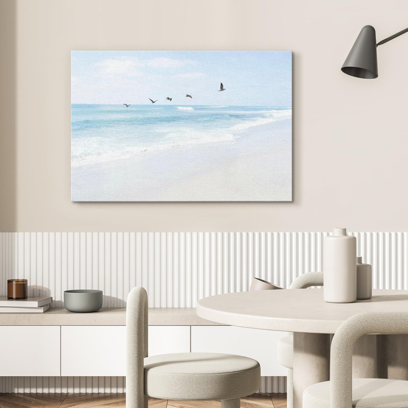 Coastal Beach Serene Beachscape Seagulls Flying Over Crashing Waves on, H 24 po x l 36 po