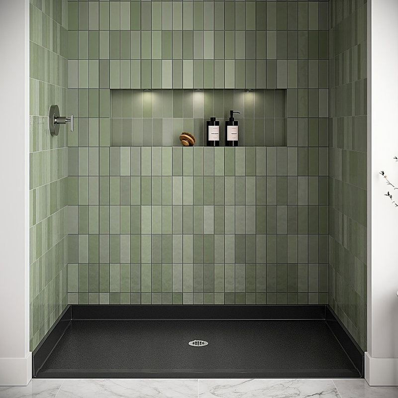 62 po. X 38 po. Base de douche en alcôve en acrylique noir brillant avec drain central et drain inclus, Noir lustré