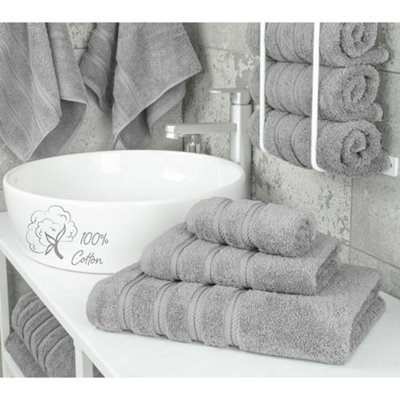 Ensemble de serviettes 3 pièces de qualité supérieure, 1 serviette de bain, 1 serviette à main, 1 gant de toilette, serviettes turques 100% coton 600 g / m² pour la salle de bain, ensemble de serviettes gris clair