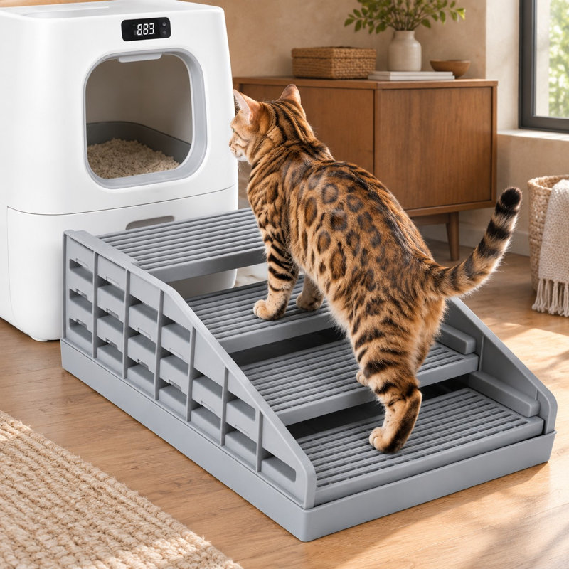 Light Grey litter-box access for small & elderly cats combines adjustable elevated steps with a ramp, filter function and anti-tracking design; the unit Fits Automatic Litter Boxes