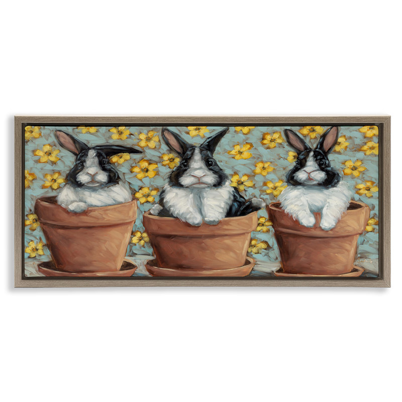 «Three Bunnies in Pots», art mural sur toile flottante par Sara G. Designs, Cadre flottant orme Montalcino, H 11 po x l 25 po