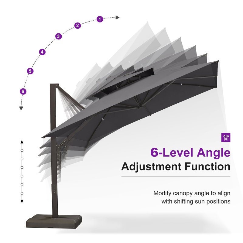 Grand parasol en porte-à-faux carré de 10 pi avec base et rotation à 60 degrés, Grey