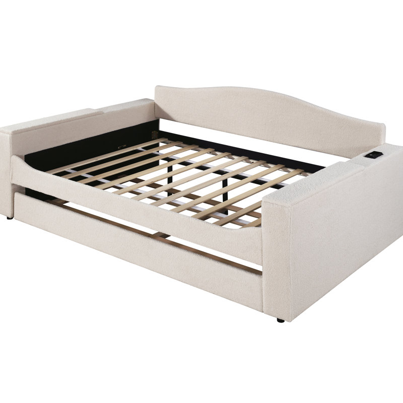 Lit de jour en molleton beige avec rangement pour accoudoirs et lit gigogne simple, pour une vie décontractée recouverte de tissu beige