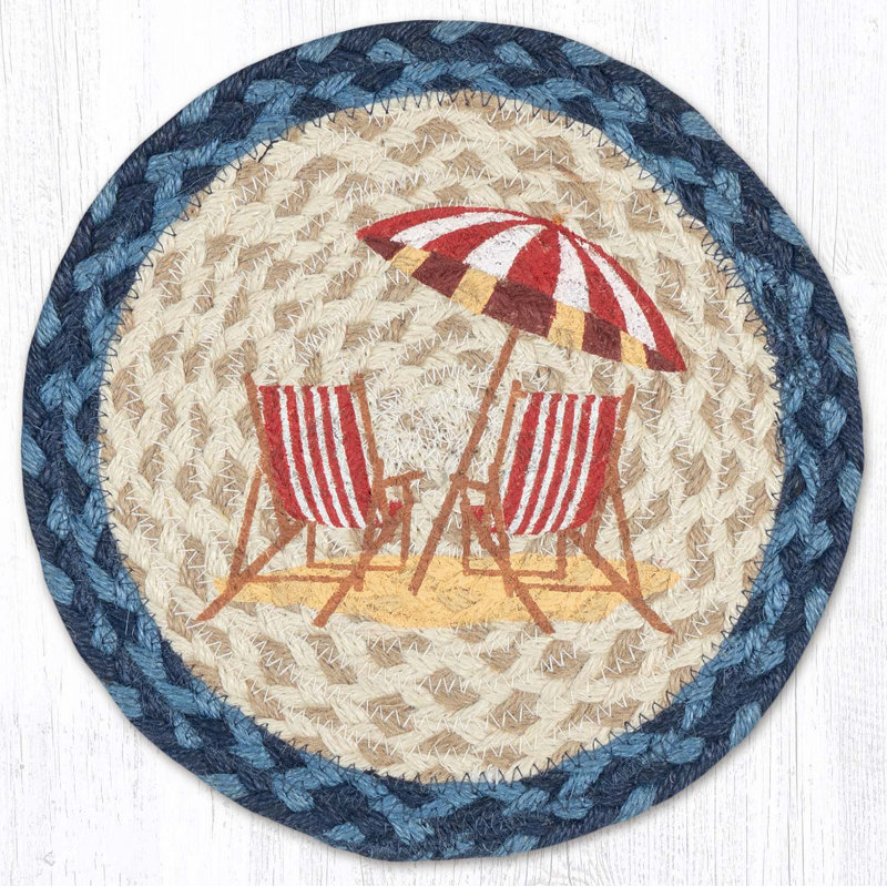  Chaise de plage rouge ronde sous-plat - imprimé côtier 10 po sur tapis de jute tressé naturel