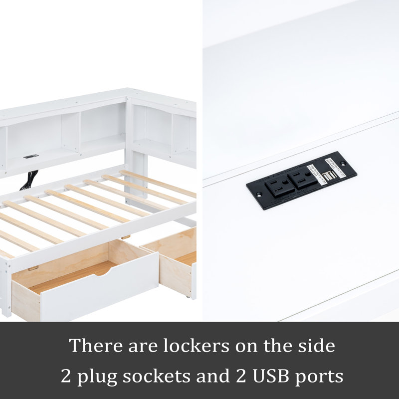 Lit de jour simple avec deux tiroirs de rangement, armoires de rangement et ports USB, Blanc
