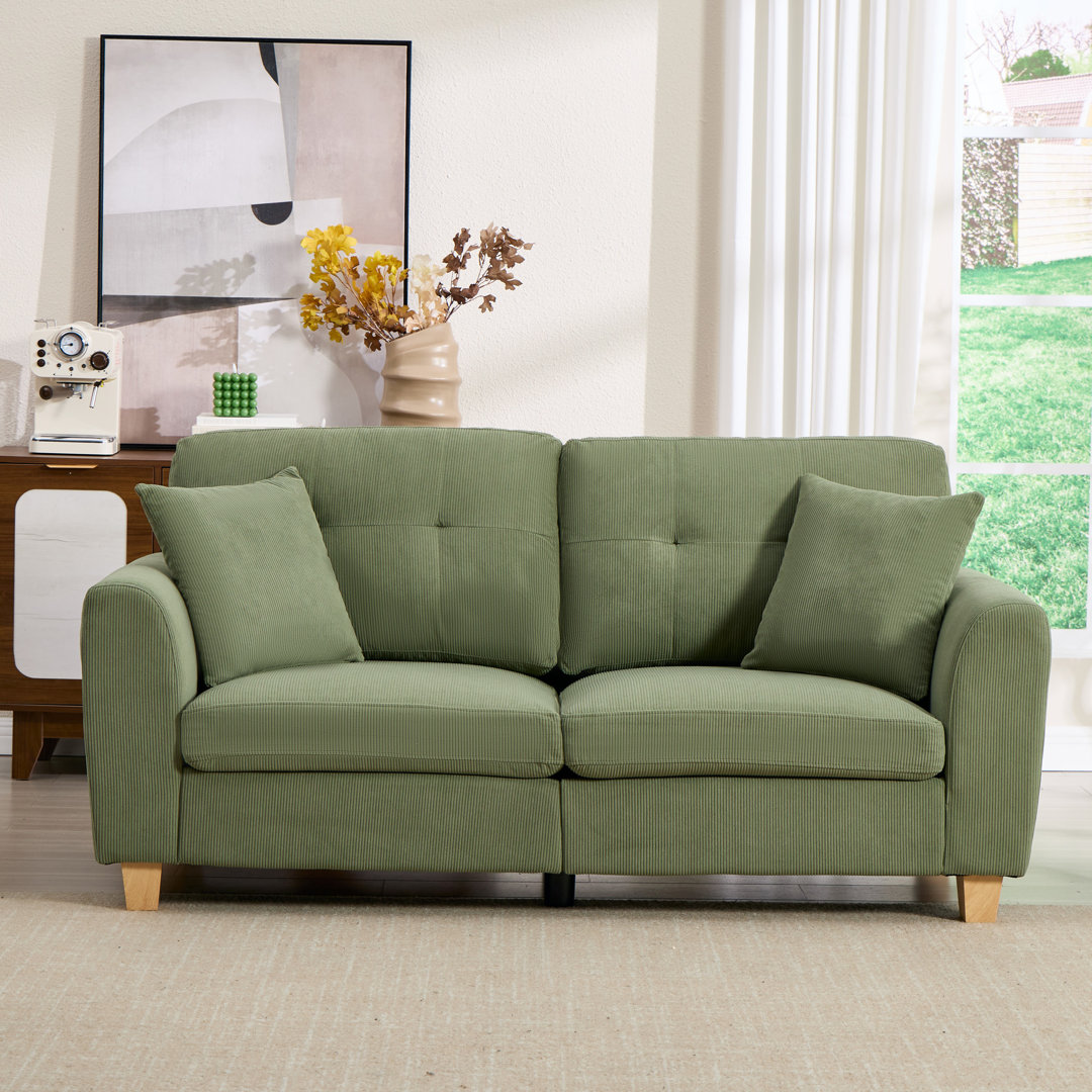 2-Seater Corduroy Sofa with 2 Throw Pillows, Deep-Seated Upholstered Couch with Square Arms