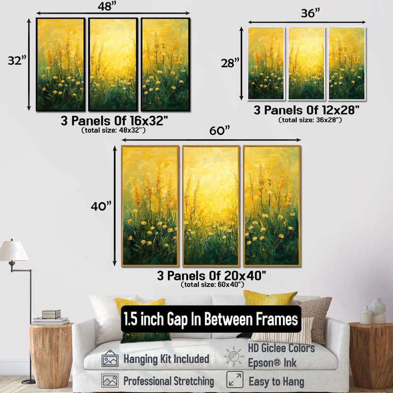 «Golden Wildflowers», 3 pièces, H 28 po x l 36 po, Impression encadrée sans passe-partout, Brun