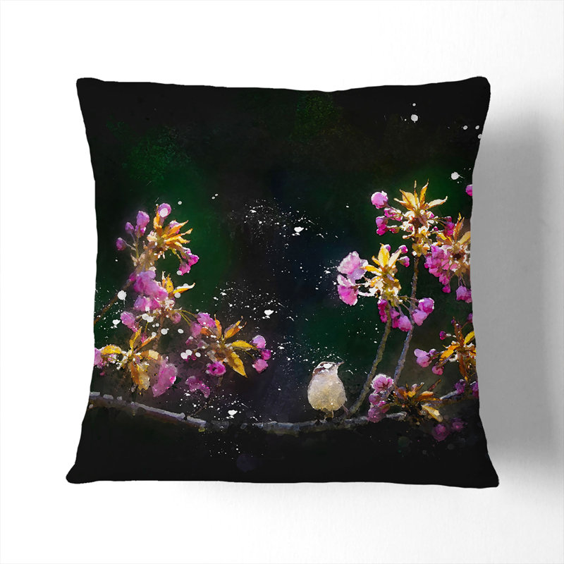 Wren upon a Blossom Tree Branch Cushion with Filling, 40cm H x 40cm W x 15cm D, Black