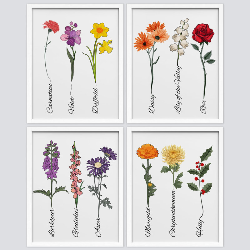 Collection de fleurs florales botaniques avec noms encadrés sur papier, impression de 4 pièces, Blanc, H 10 po x l 8 po