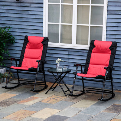 Red Patio Rocking Chair - 2 Chairs & Foldable Glass Table For Camping, Porch, Poolside Outdoor Furniture, Folding Easy Coffee Porch