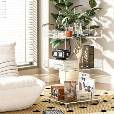 3 Tiers Acrylic End Table Side Table Storage Cart with Wheels for for Bedroom Living Room