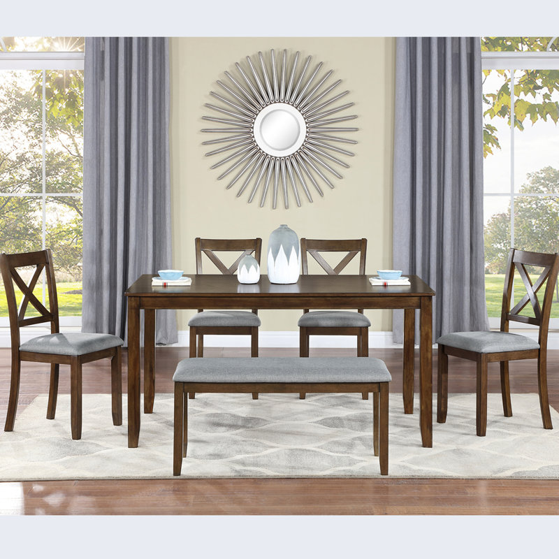 6 Walnut Dining Table With Rectangular Tabletop, 4 Chairs And A Bench Spacious In Walnut, Table, &