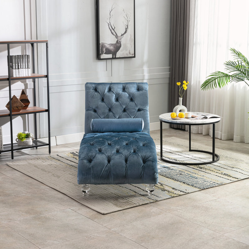 Chaise longue capitonnée à boutons, Bleu clair
