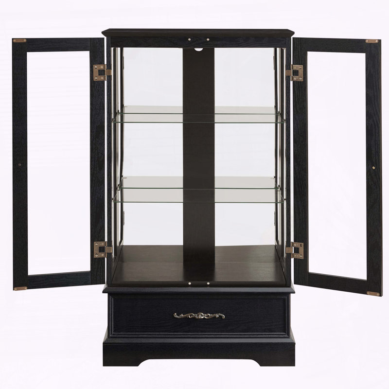 Lighted Glass Curio Cabinet with Adjustable Shelves and Drawer, Black