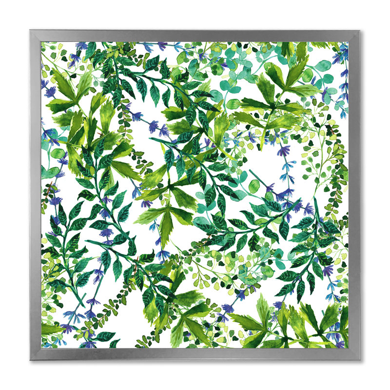 Herbes vertes et feuilles sur fond blanc - peinture sur toile, Cadre argenté, H 17,5 po x l 17,5 po
