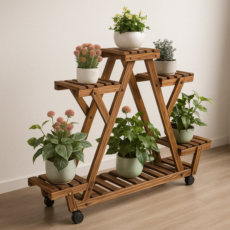 Nabilah Rayon Natural Wooden Plant Stand Indoor Outdoor Shelves with Wheels