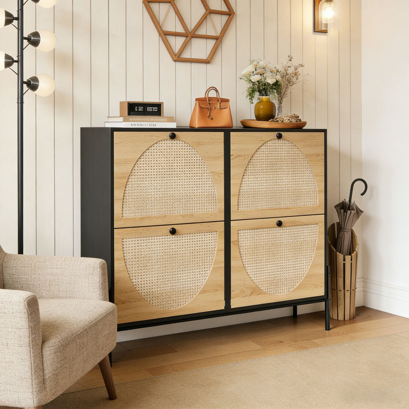 Rattan Shoe Cabinet with 4 Flip-Down Doors, Black