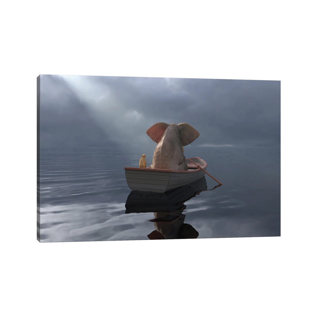 An Elephant And A Dog Float In A Boat After The Rain by Mike Kiev - Wrapped Canvas Print