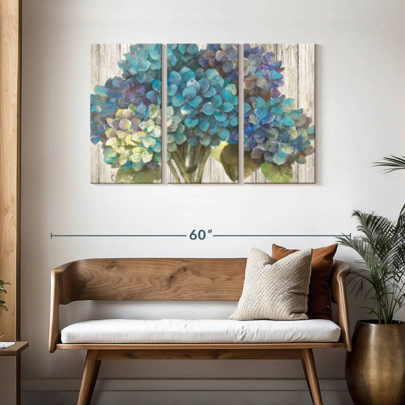 Harnek Turquoise Hydrangea On Barn Board, 28" H x 45" W