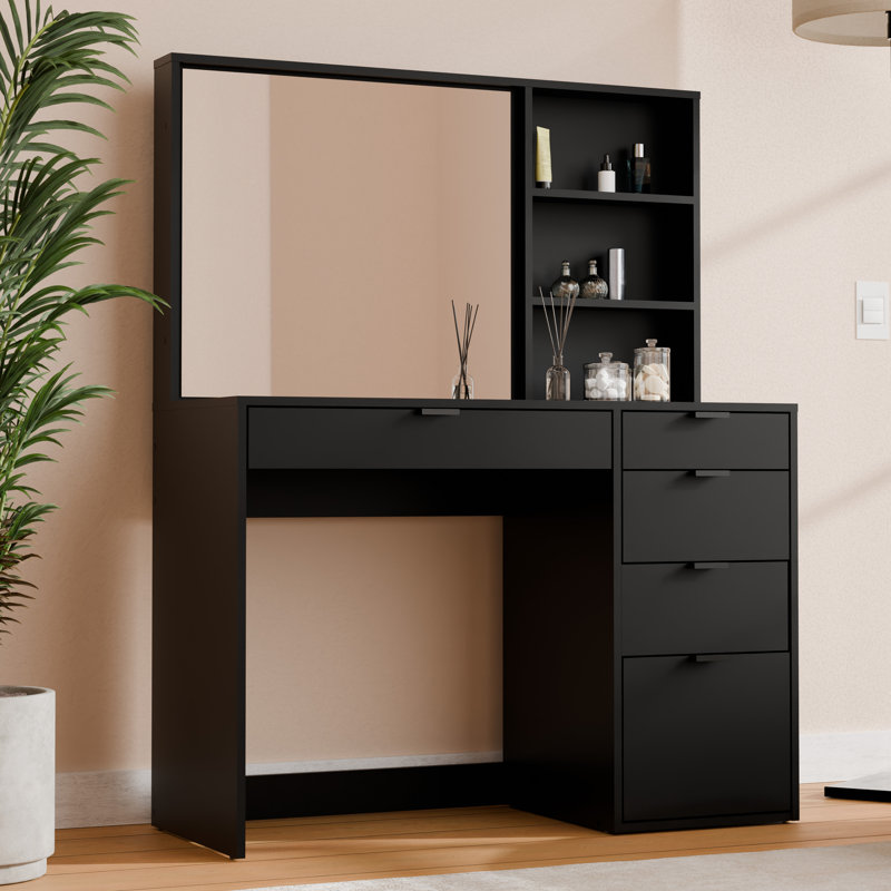 Coiffeuse Johnfrancis avec miroir et tiroirs, l 53,5 po, Noir