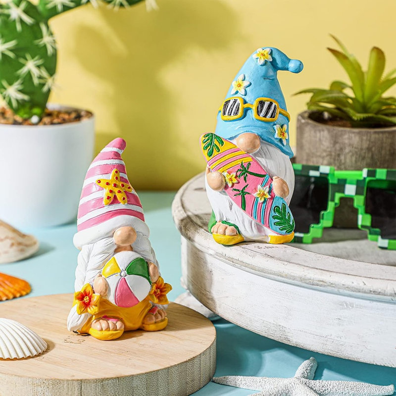 Ensemble de 2 figurines de gnome de plage d'été - Mini gnomes en résine pour la cuisine, la ferme, le bureau et la maison
