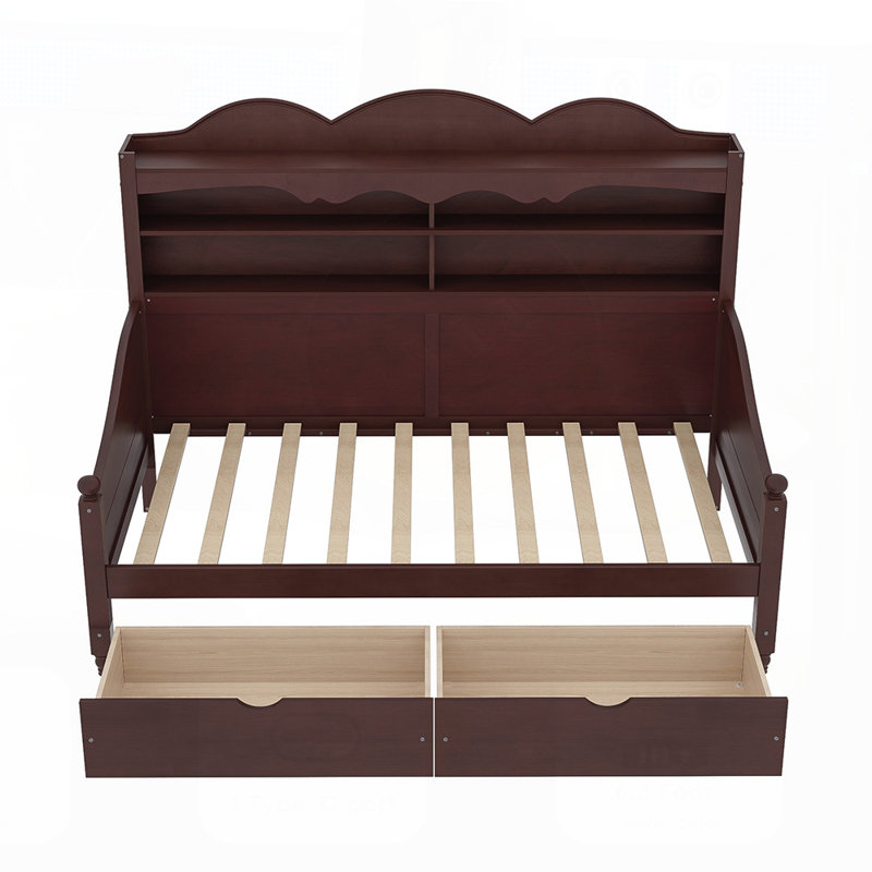 Lit de jour en bois de style rétro avec tiroirs de rangement et tablettes, aucun sommier nécessaire, assemblage facile pour n'importe quelle pièce