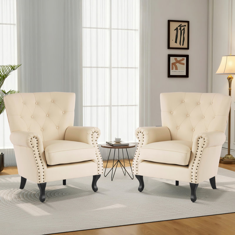 24"W Faux Leather Wingback Chair, Beige Faux Leather
