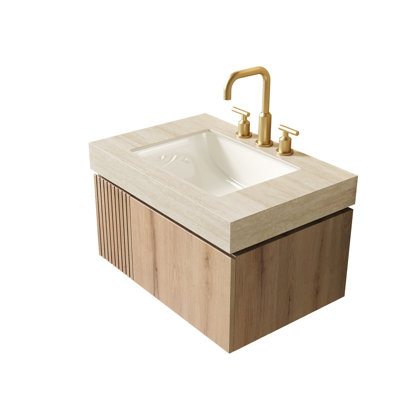 Comptoir en pierre frittée à motif de travertin 30 po MURI et lavabo encastré en céramique avec trois trous de robinet pré-percés standard, sans armoire, sans robinet ni couvercle d'évier