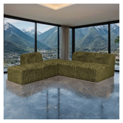 Modular Sectional Olive Green Colour Faux Fur Compressed High Density Foam Living Room Couch Armless Chairs Ottomans