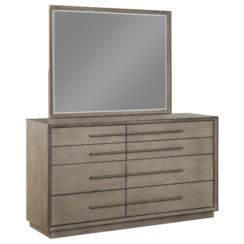 Grande commode avec miroir Lyni, 8 tiroirs, poignées en métal, bois brun, Brun