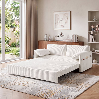 79.5" 3-in-1 Convertible Sofa Bed, King Size Corduroy Pull Out Sleeper Couch with Arm Pillows & Side Storage Pockets