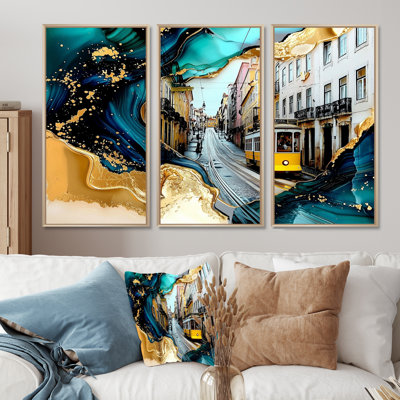 Emerald Lisbon Rues In Portugal I - Portugal grand art mural - 3 panneaux