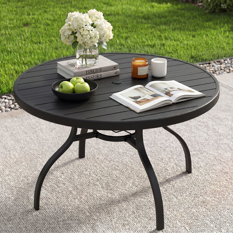47" Round Metal Outdoor Patio Dining Table For 4, All-Weather Slatted Outdoor Table With Umbrella Hole, Black