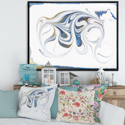 Blanc, bleu et rivières marbrées dorées - peinture sur toile