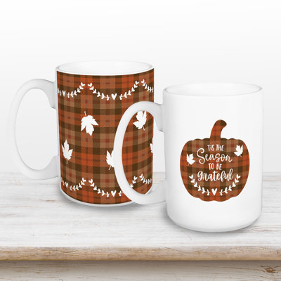 Tis the Season to be Grateful Plaid Set of 2 Coffee Mugs