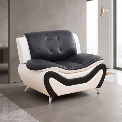 42‘’Black and White Modern Faux Leather Accent Chair，Solid Wood Frame High-Density Memory Foam，Tufted Upholstered Armchair