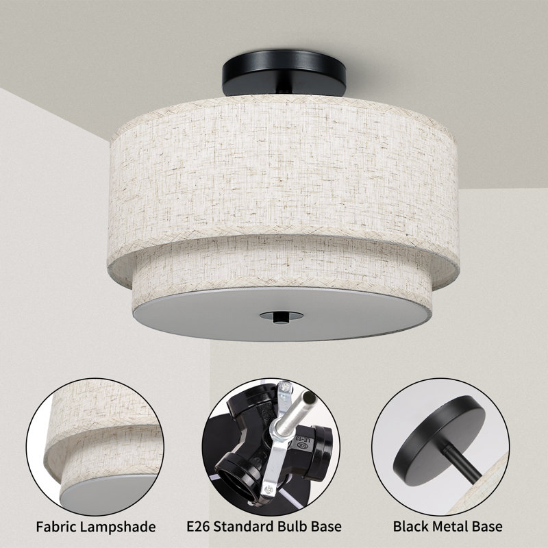 3 Lights Ultra- Modern Semi Flush Mount Ceiling Light with Linen Fabric White Shade for Living Room  Bedroom  Hallway