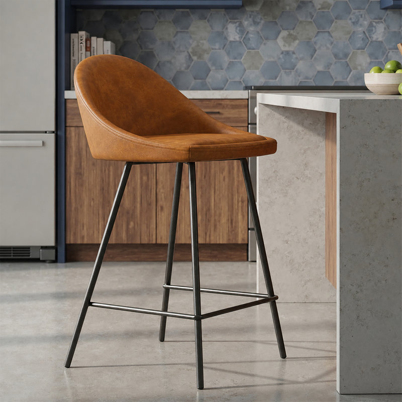 Tabouret de bar et de comptoir Holmes, Tabouret de comptoir (siège d’une hauteur de 23, Cuir végétal brun clair