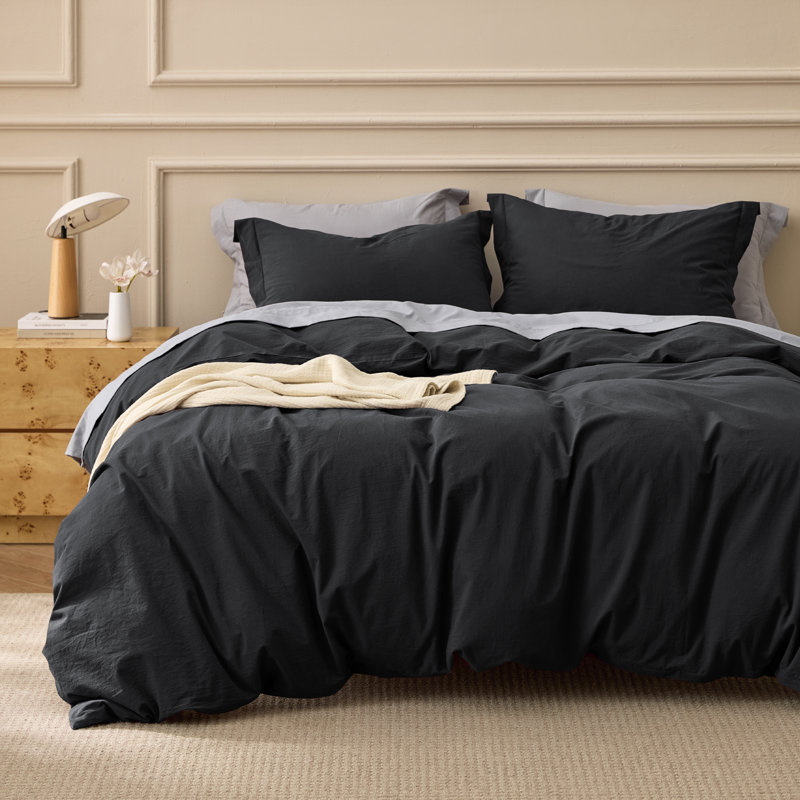 Bedsure 100% Washed Cotton Duvet Cover Queen Set - Minimalist Cotton Beding Set For All Season（set of 3）, Black