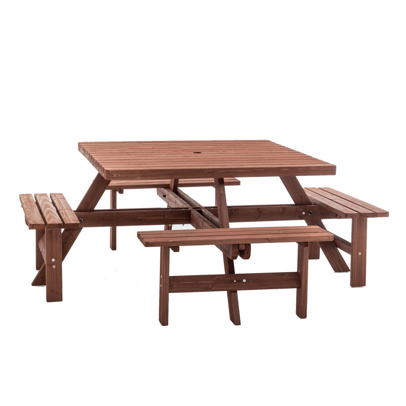 Table de pique-nique carrée pour 8 personnes avec trou pour parasol