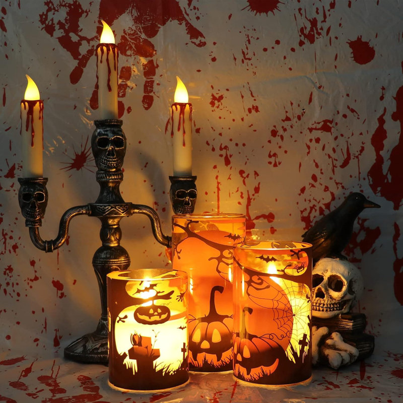 3 Pack Flickering LED Pillar Candles: Orange Glass, Spider Web/Pumpkin Decals, Battery Operated, Flameless, Real Wax