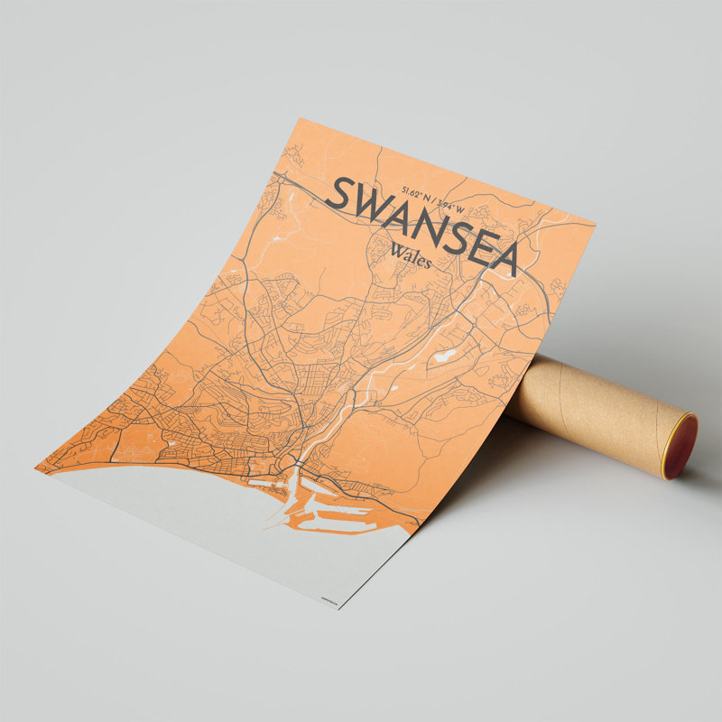 Swansea City Map, impression, H 24 po x l 18 po, Orange et gris