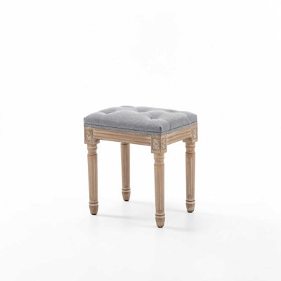 Fornear Linen Upholstery Vanity Stool, Carved Solid Wood Legs, Dressing Bench with Tufted Design