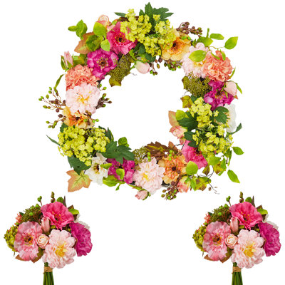 Lifelike Hydrangea & Peony Floral Wreath – Farmhouse Spring & Summer Door Decor – Includes 2 Matching Bouquets – Indoor/Outdoor Wall Decoration, All-Season Home Accent, 24 Inch