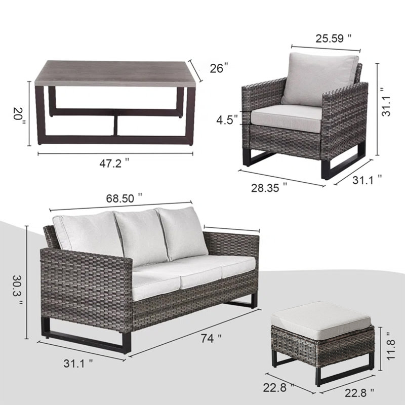 Ensemble de conversation canapé en rotin 6 pièces avec coussins Nazime, Beige, Gris