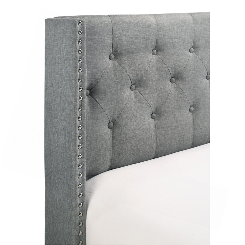 Garniture cloutée capitonnée à boutons en tissu de polyester gris 1 pièce, Très grand lit