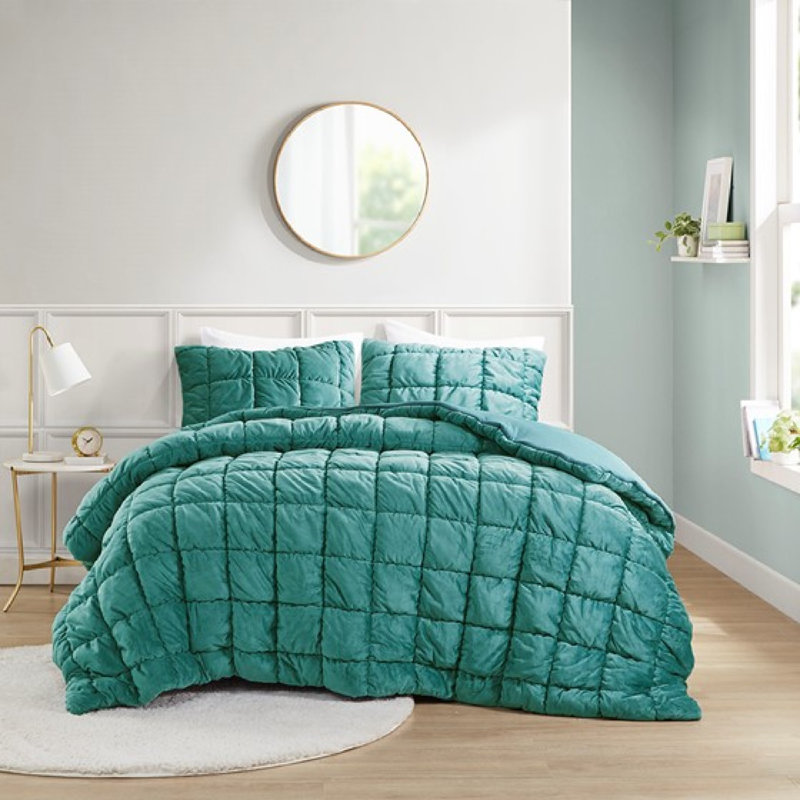 Ensemble d'édredon luxueux en velours bleu sarcelle pour grand lit - 3 pièces