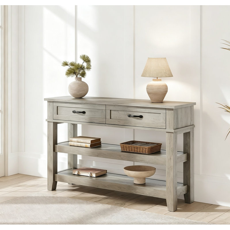 Table de couloir 47,2 po à 3 niveaux avec 2 tiroirs et 3 rangements, canapé d'entrée en bois massif
