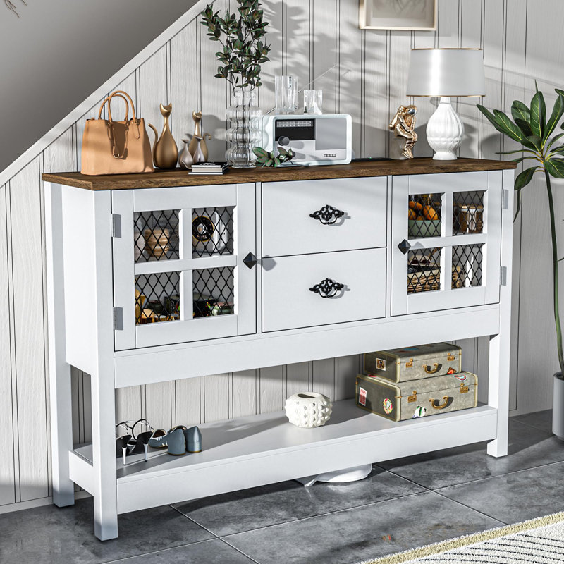 Entryway Table with 2 Drawers, 47" Farmhouse Console Tables with Charging Station, 2 Doors and Adjustable Shelf, White